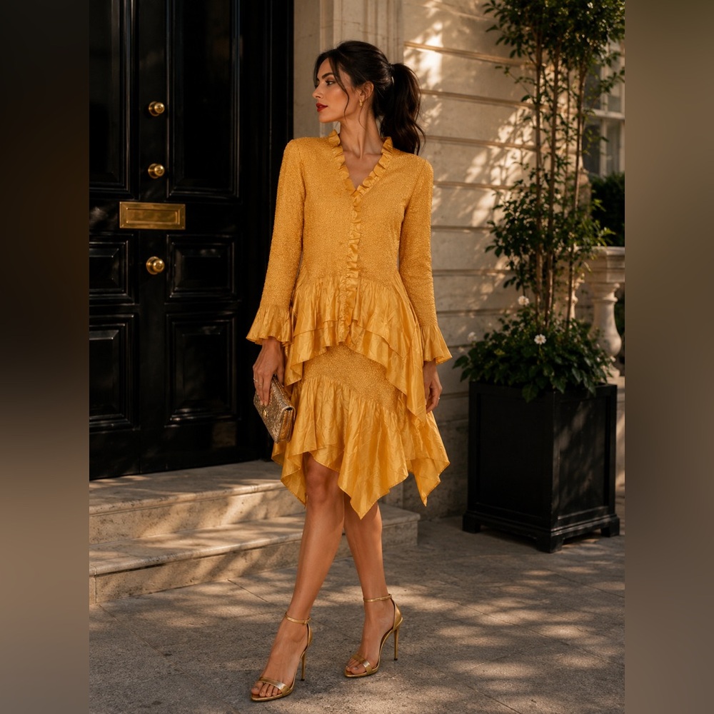 Textured Golden Yellow Ruffled 2 Piece Skirt Set formal wedding guest chic Small